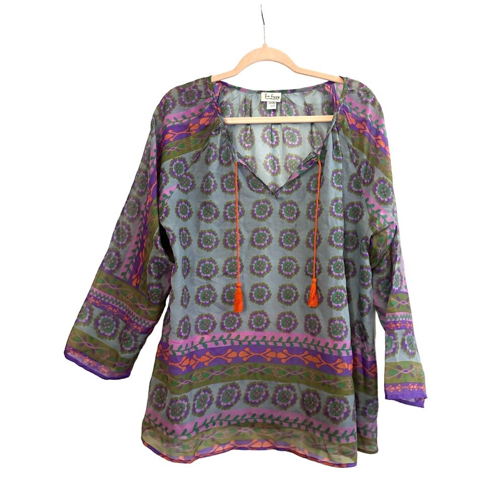 NATURAL LIFE Live Happy Semi-Sheer Print Boho Tassel Festival Top Shirt - Large